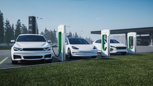 Charging station for electric cars in the background of a gas station