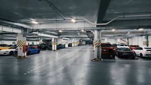 Underground parking with cars, time lapse. Underground parking with quickly cars coming