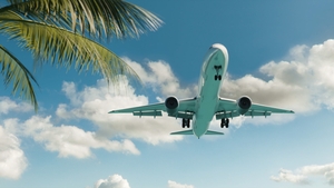 Airplane landing over the beach against the palm trees