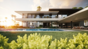 Modern private house exterior with pool at sunset