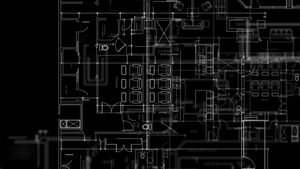 Architectural drawings on the black background