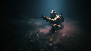 A professional soldier aims his weapon