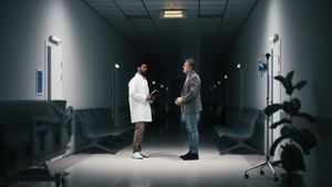 Doctor talking with man in hospital hallway