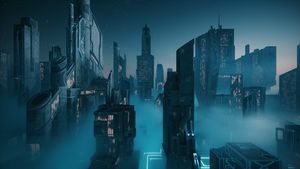 Sci-Fi city. Futuristic sci fi city at dusk