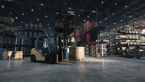 Massive Distribution Warehouse with High Shelves and Loader – Industrial Storage Animation