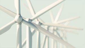 Large wind turbines with blades. Many wind generators