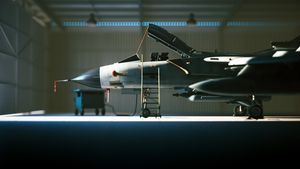 Open cockpit of a fighter jet in the hangar