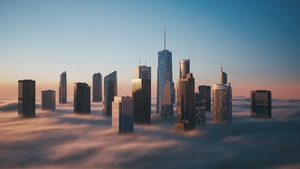 Flying over the clouds during morning sunrise in the city