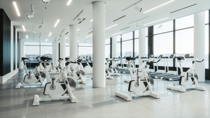 Interior of an empty gym with exercise bikes