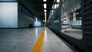 An empty subway train arrives at the station. Subway train arriving metro Station