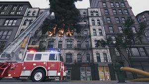 Fire in the building. Fire truck on fire