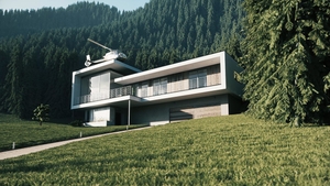 Home exterior with forest. Private helicopter on the roof of house