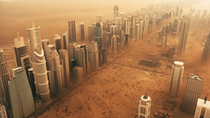 Sandstorm in the city. Dubai covered in sand