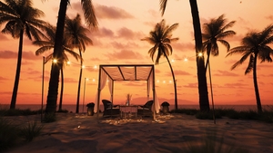 Romantic sunset on the beach under palm trees