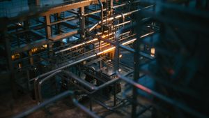 Gas refinery and pipelines close up. Pipelines of a chemical plant