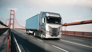 Cargo truck with container driving on the bridge