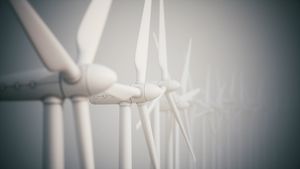Foggy Sunrise Wind Turbine Farm – Close-Up Windmill Animation