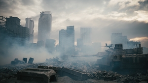 War in the ruined city. Military tank in the ruined city