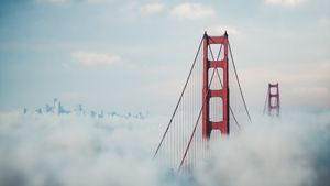Fog over the Golden Gate Bridge at sunrise