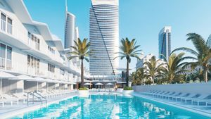 Hotel with palm trees and pool
