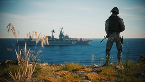 Soldier on the background of a Warship