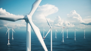 Closeup of Windmill farm from aerial view