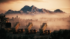 Air defense battery on the city background