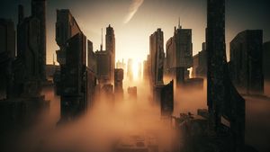 Futuristic Sci-Fi Cityscape in Dense Fog at Sunrise