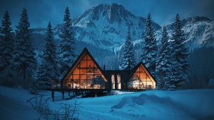 A-frame cabins in forest. Evenin winter forest. Night in a winter forest hotel