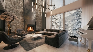 Large living room with fireplace and sofa