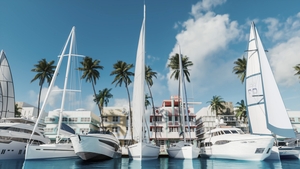 Yacht club with palm trees background