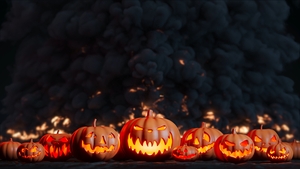 Halloween pumpkins background with fire flames and smoke