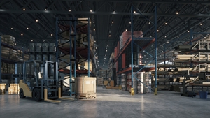 Huge distribution warehouse with high shelves and loader