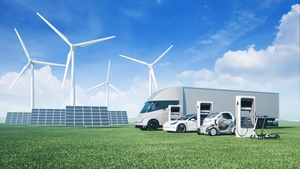 Electric cars on the background of wind turbines