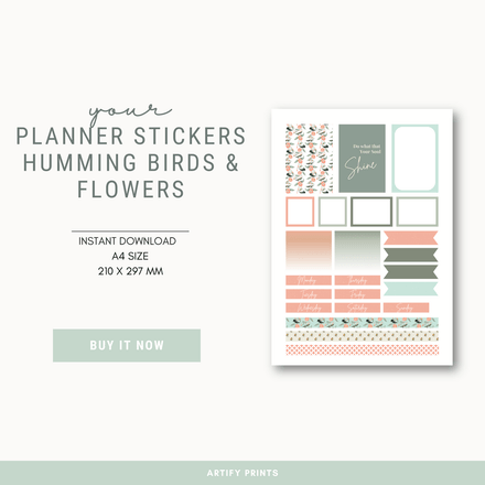 DIGITAL FILE - Planner Stickers - Humming Birds &amp; Flowers