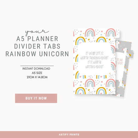 DIGITAL FILE - A5 Planner Dividers Tabs - Rainbow Unicorn