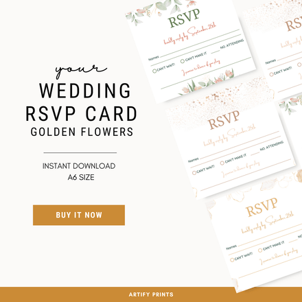 DIGITAL FILE - Wedding RSVP Card - Golden Flowers
