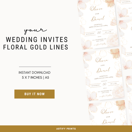 DIGITAL FILE - Wedding Invites - Floral Gold Lines