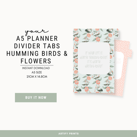 DIGITAL FILE - A5 Planner Dividers Tabs - Humming Birds &amp; Flowers