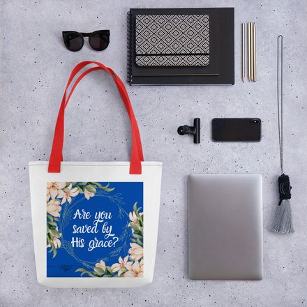 &quot;Are you saved by His grace?&quot; - Christian Tote Bag - Blue.  *US currency
