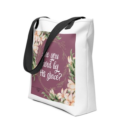 &quot;Are you saved by His grace?&quot; - Christian Tote Bag - Red.  *US currency