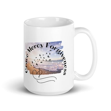 Grace, Mercy, and Forgiveness Christian Cups and Coffee Mugs - 15oz.  *US currency