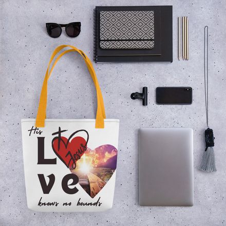 &quot;His Love Knows No Bounds.&quot; - Christian Tote Bag - Design B.  *US currency