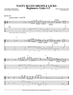 Tasty Blues Shuffle Licks 6 PAGE PDF  TABLATURE / BACKING TRACK