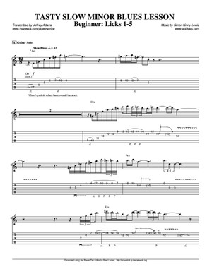 Tasty Slow Minor Blues Licks 6 PAGE PDF TABLATURE / BACKING TRACK
