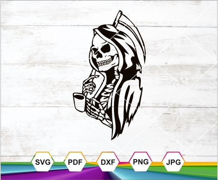 Grim Reaper Holding Coffee Svg, Death With Scythe Silhouette Svg, Cricut cut file, Instant