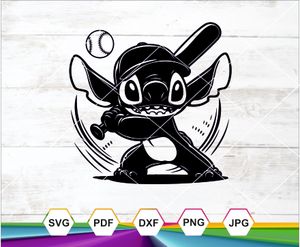 Stitch Baseball Art Print – Cartoon Sports Poster, Lilo &amp; Stitch Fan Gift, Black &amp; White Illustratio