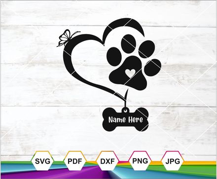 Dog Name Tag Svg, Dog Paw in Heart Svg, Dog Love svg, Dog Tag Template Svg, Pet Collar Tag Sticker