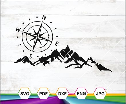 Compass Star Svg, Mountains Svg, Off Road, Adventure, Outdoor. Vector Cut file Cricut, Silhouette 