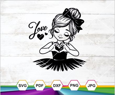 Young little ballerina girl making love sign with hands, She is wearing tutu and heart bow Cricut